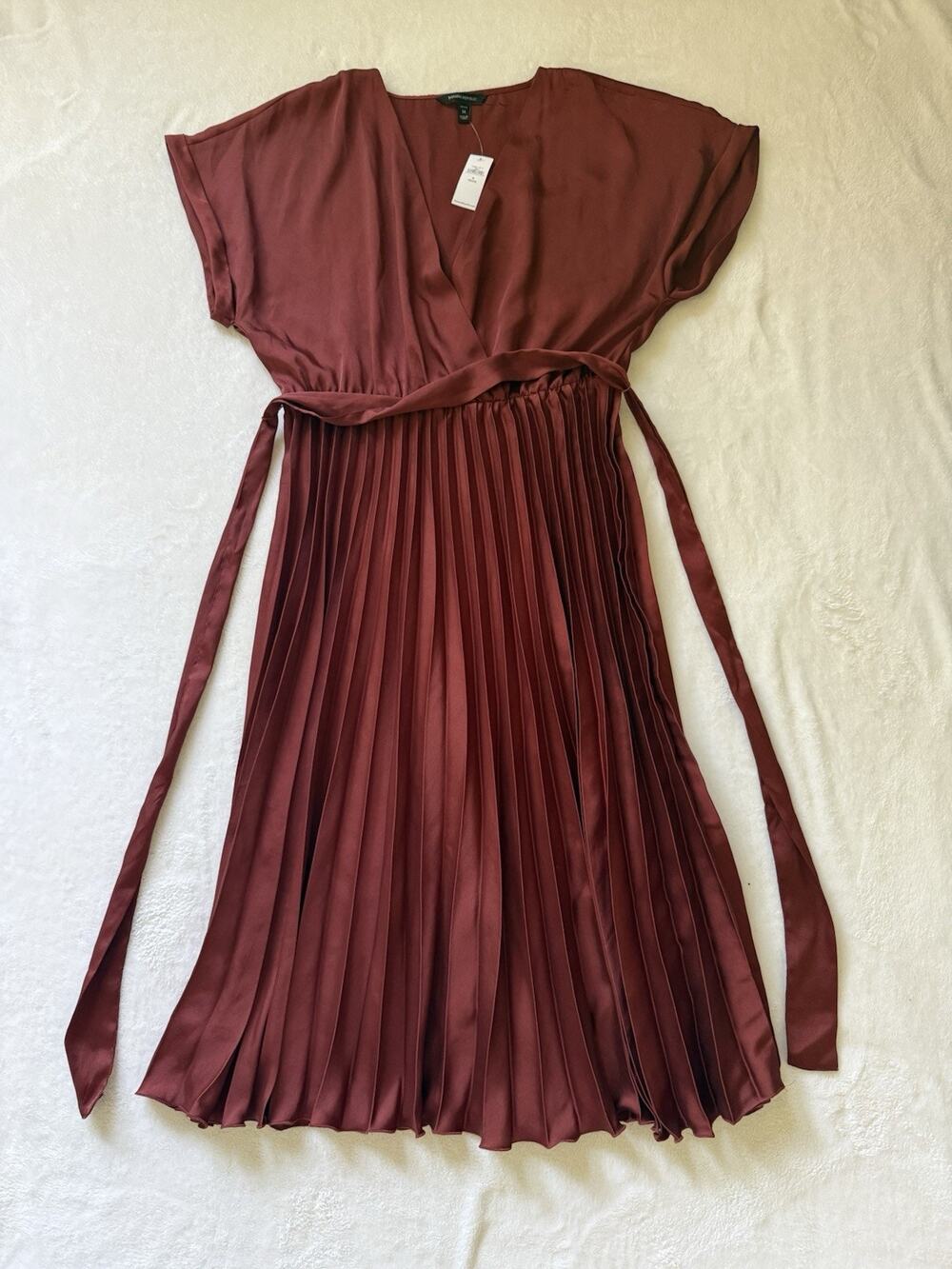 Banana Republic Rust Red Wrap V-Neck Cap Sleeve Pleated Silky Dress M Petite NWT